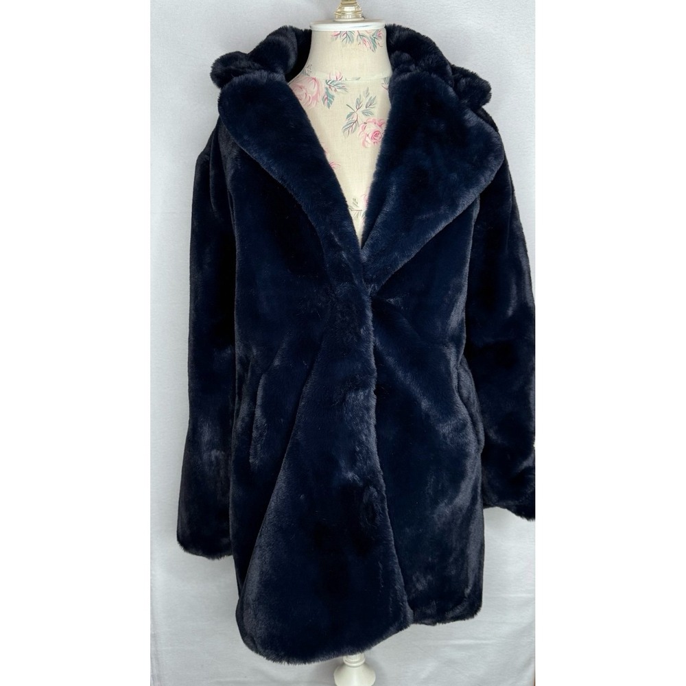Apparis Women's L Navy Blue Faux Fur Coat Luxury Winter Elegant Mob Wife EUC